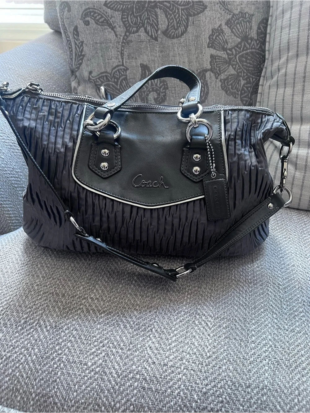 COACH F20084 Ashley Gathered Sateen Satchel Charcoal Gray Silver Hardware